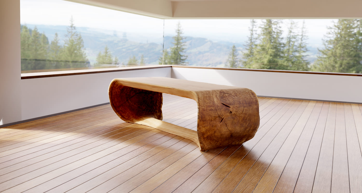 OZE sculptural solid wood table in minimalist mountain interior with panoramic forest view
